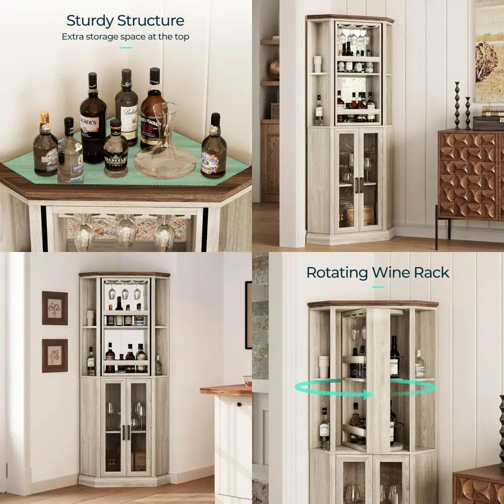 Tall Farmhouse-Style Wine Cabinet with Swiveling Liquor Shelves and Adjustable Barn Door Bar Storage