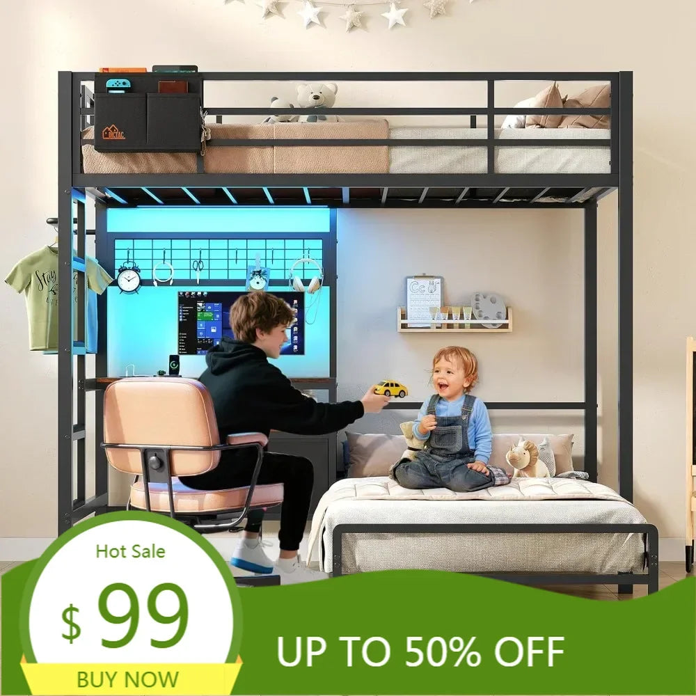 Metal L-Shaped Twin over Twin Bunk Bed with Desk, LED Lighting, and Charging Station