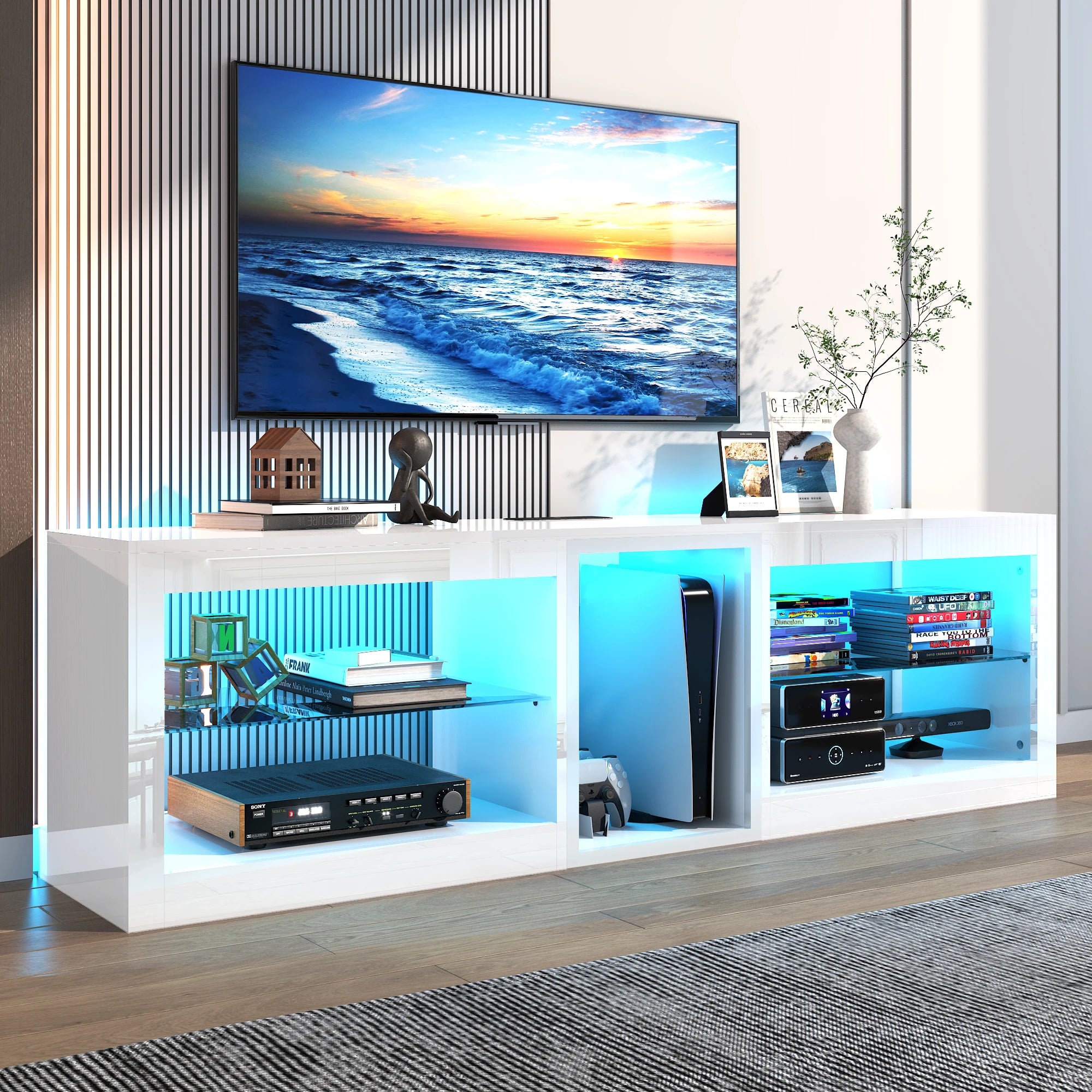 63" LED TV Stand for Televisions up to 70", TV Cabinet with Adjustable Glass Storage Shelves, Modern LED Entertainment Center