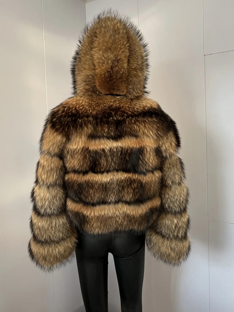 BEIZIRU Women's Real Raccoon Fur Coat Winter Long Sleeve Hooded Jacket with Turndown Collar/ Natural Luxury /Thick Top