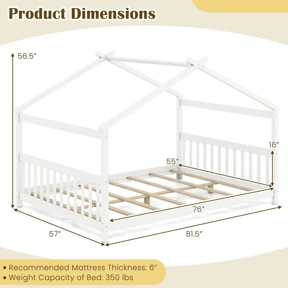 Full Size Floor Bed, with Roof, Headboard and Footboard, Low Full Bed Frame for Kids Teens Girl