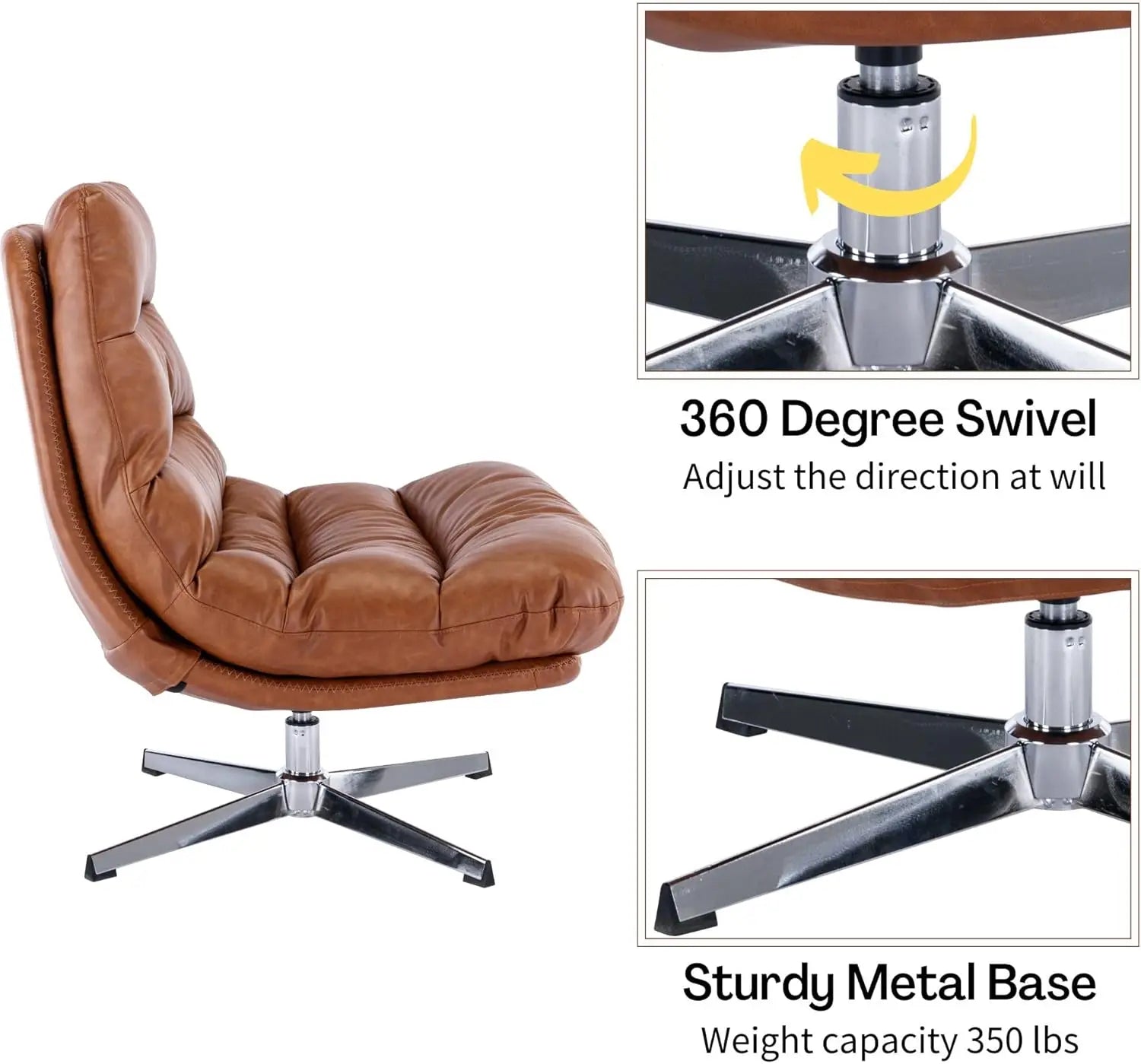 Swivel Accent Chair with Ottoman, Mid Century Modern Faux Leather Lounge Chair With Footrest, Comfy Oversized Armchair