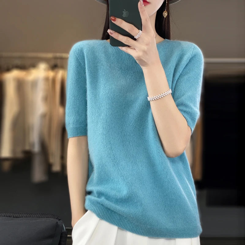 100% Merino Wool Women's O Neck Knitted  Pullover, Short Sleeve Sweater, Women's Basic Solid Color/ Half Sleeve