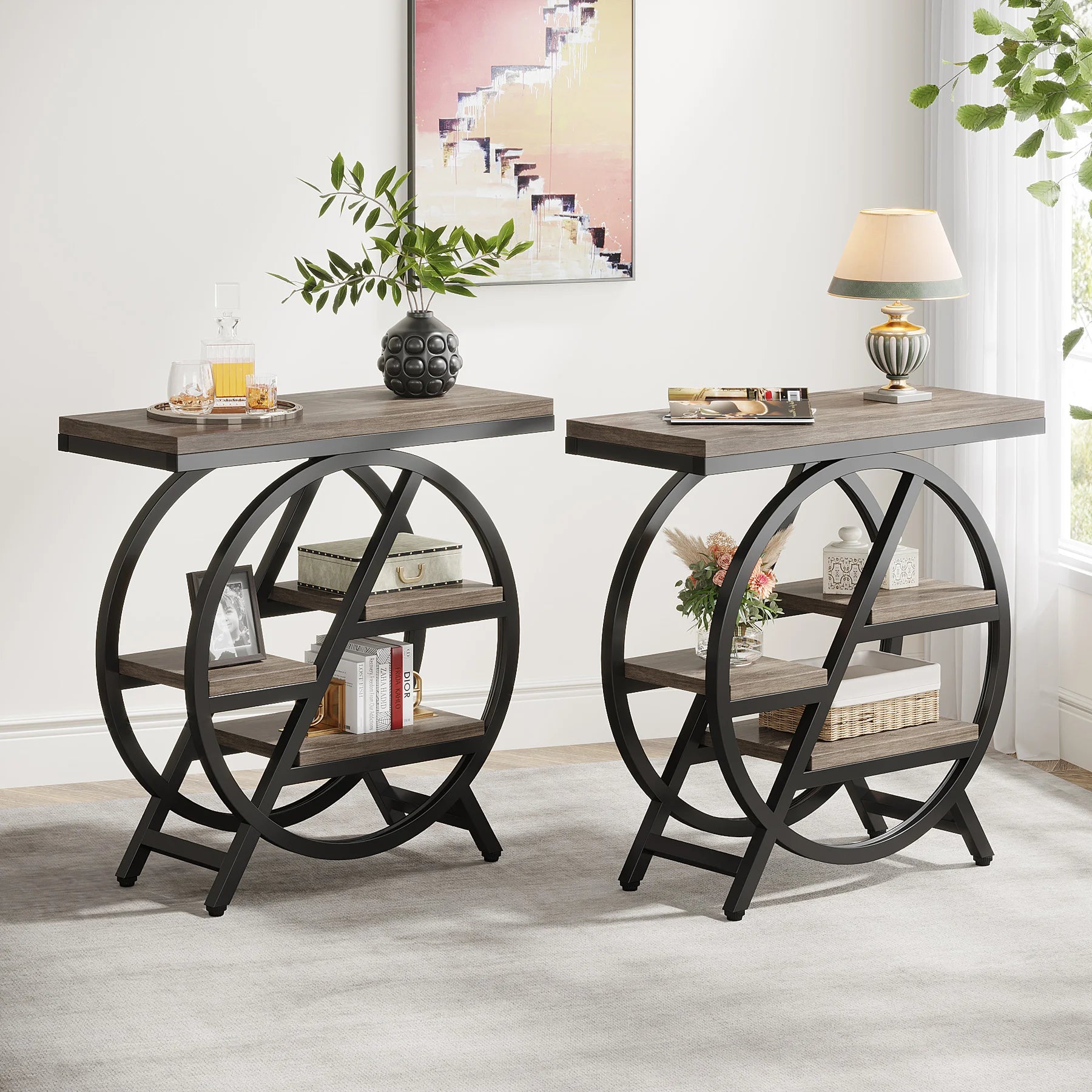 Tribesigns End Table for Living Room, 3-Tier Narrow Side Table with Storage, Wood Sofa Side Table with Geometric Metal Frame