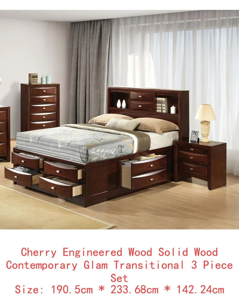Contemporary King Size Bed with Footboard Drawers & Headboard Bookcase in Cherry Finish