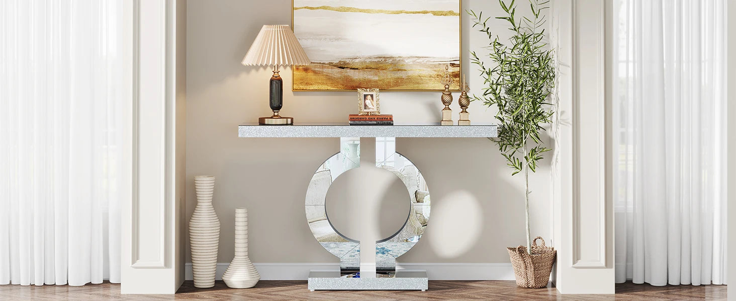 43.3-Inch (110cm) Mirrored Console, Entryway Table with Thickened Mirror Finish Tabletop