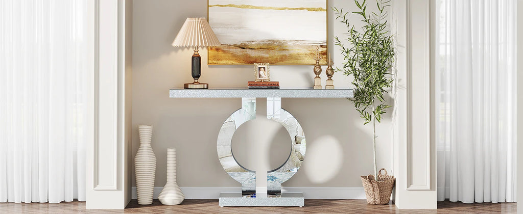43.3-Inch (110cm) Mirrored Console, Entryway Table with Thickened Mirror Finish Tabletop