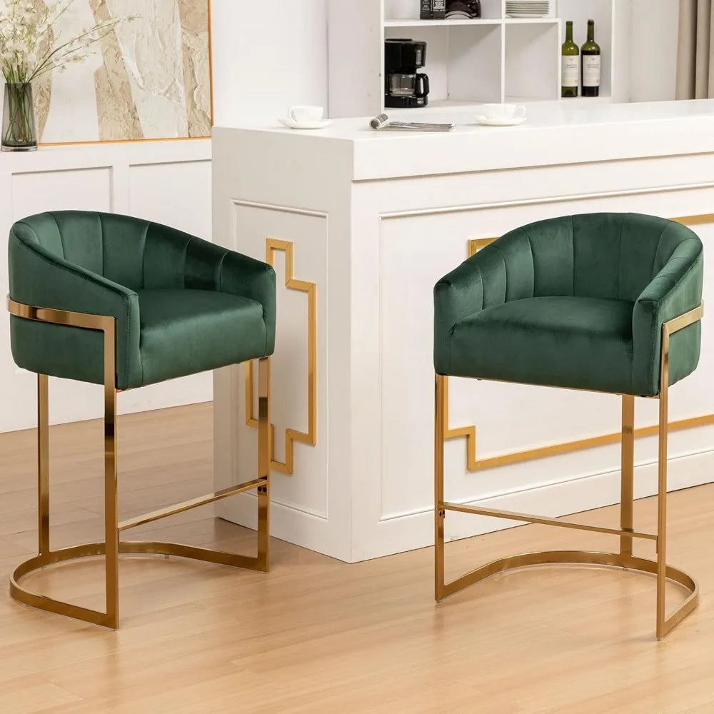 Counter Height Bar Stools Set of 2, Modern 27" H Barrel Counter Stools with Shell Back, Gold Velvet Bar Stools for Kitchen Island