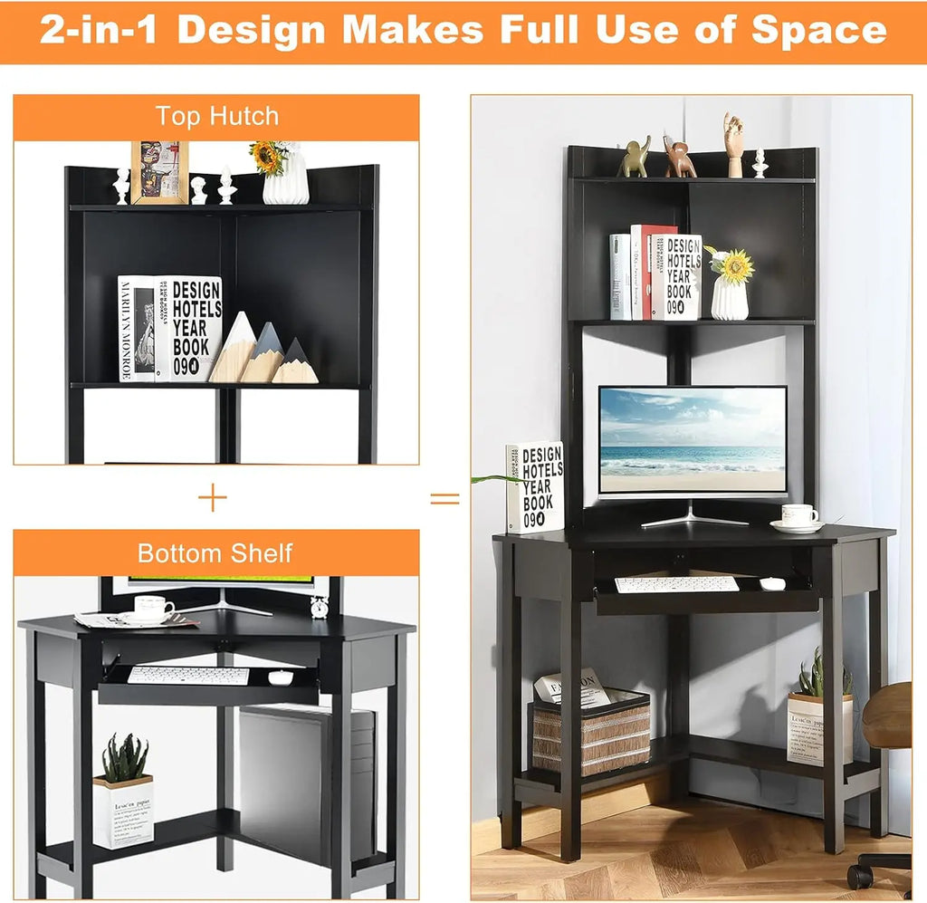 Corner Writing Desk with Hutch, 90 Degrees Triangle Small-Space Saving Computer Desk with Keyboard Tray & Bookshelves