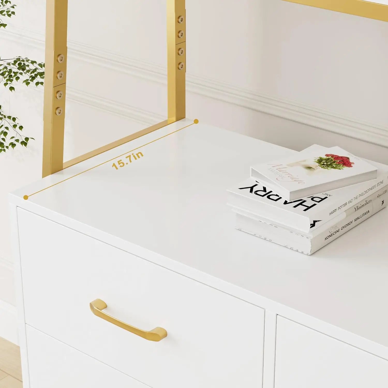 69" Tall Bookshelf, White Gold 4-Tier Bookcase with Wooden Drawers and Ladder Shelves, Free Standing Storage Cabinet Kitchen