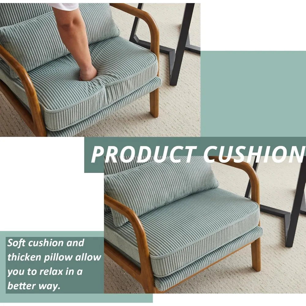 Karl home Mid-Century Modern Accent Chair, Living Room Chairs with Pillow Corduroy Upholstered Lounge Armchair with Solid Wood