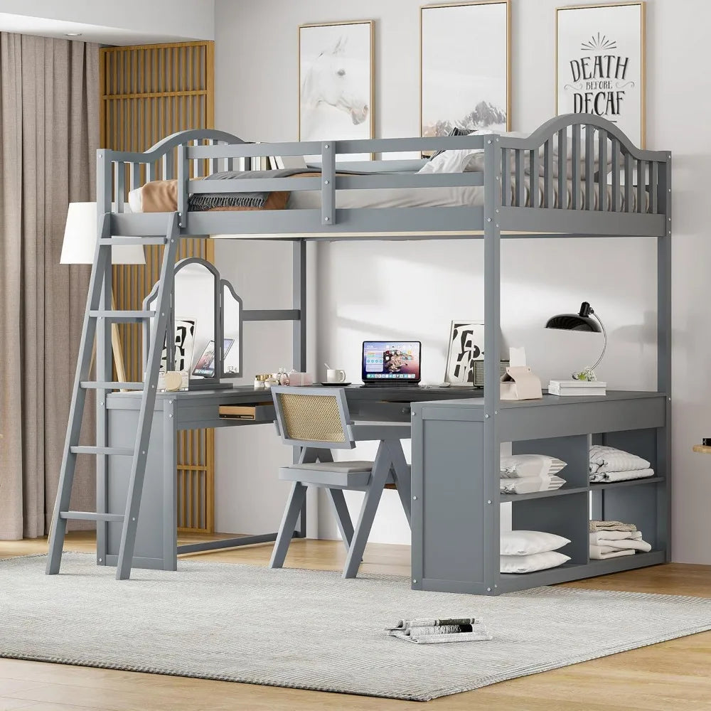 Full Size Loft Bed with U-Shaped Desk, Storage Shelves, Tri-Fold Mirror for Kids Teens (Gray)