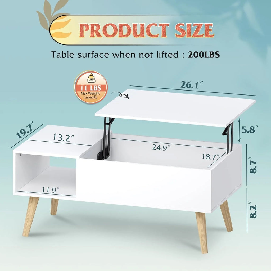 Lift Top Coffee Table with Storage, Small Rising Wooden Dining Center Table with Storage Shelf & Hidden Compartment, 39" White