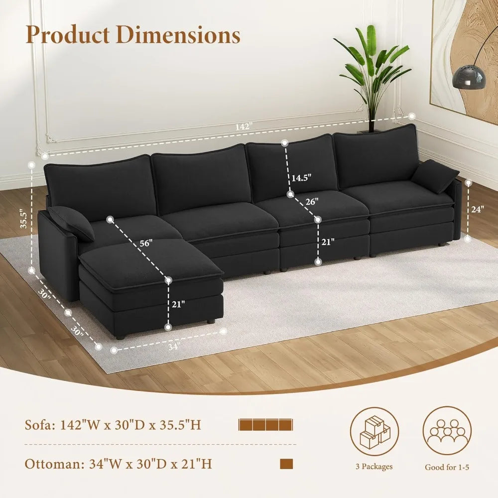 142" Cloud Couch Sectional Modular Sofa, Comfy Sectional Couch with Ottoman Deep Seat Chenille L Shaped Sofa, Modular Couches