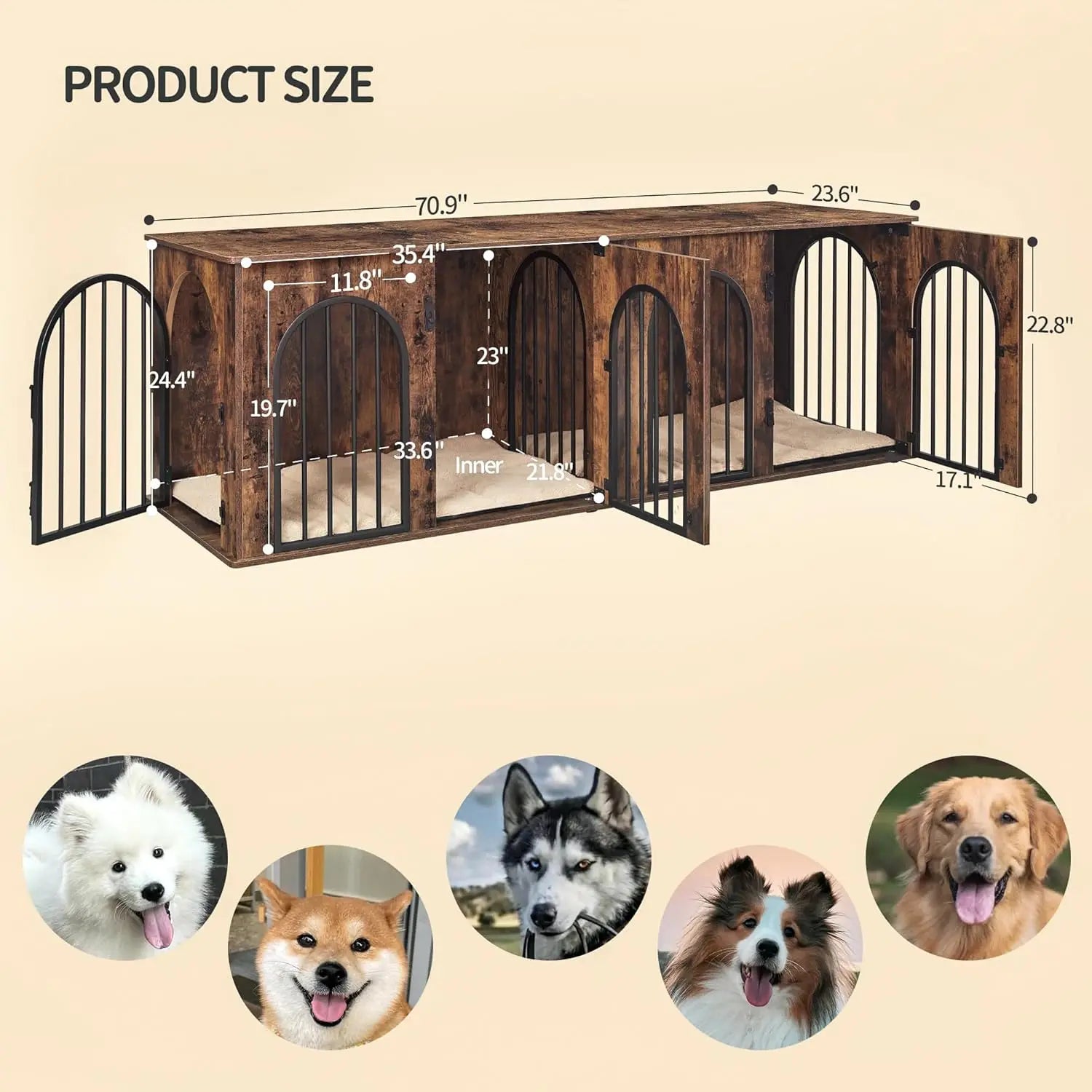 71" Dog Crate Furniture for 2 Dogs, Heavy Duty Indoor Dog Kennel TV Stand, XXL Wooden Dog Cage with Divider for Medium/ Large Dogs