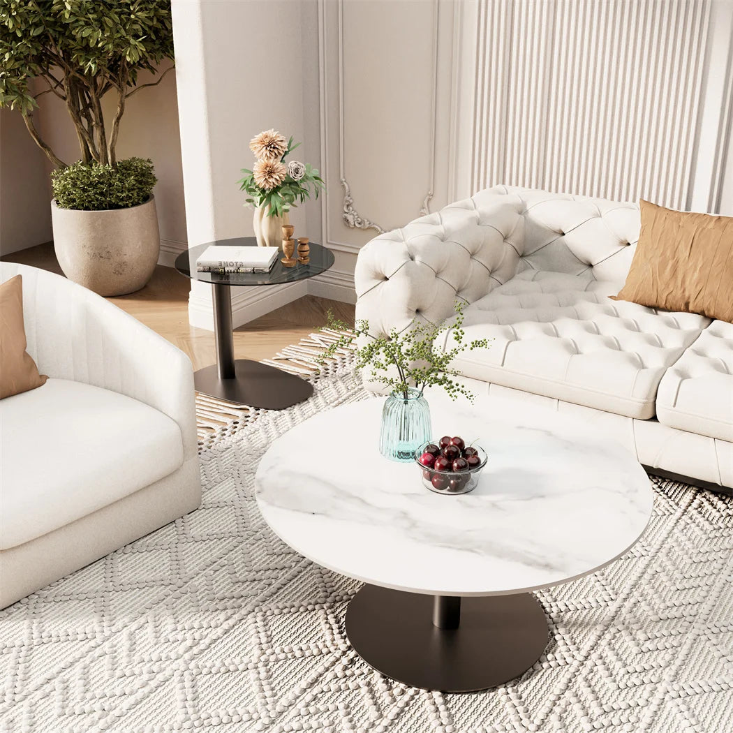 Modern Round Marble Coffee Table Set of 2/ Living Room Center Table/ Sofa Side Desk with Black Glass/ End Table With Metal Legs