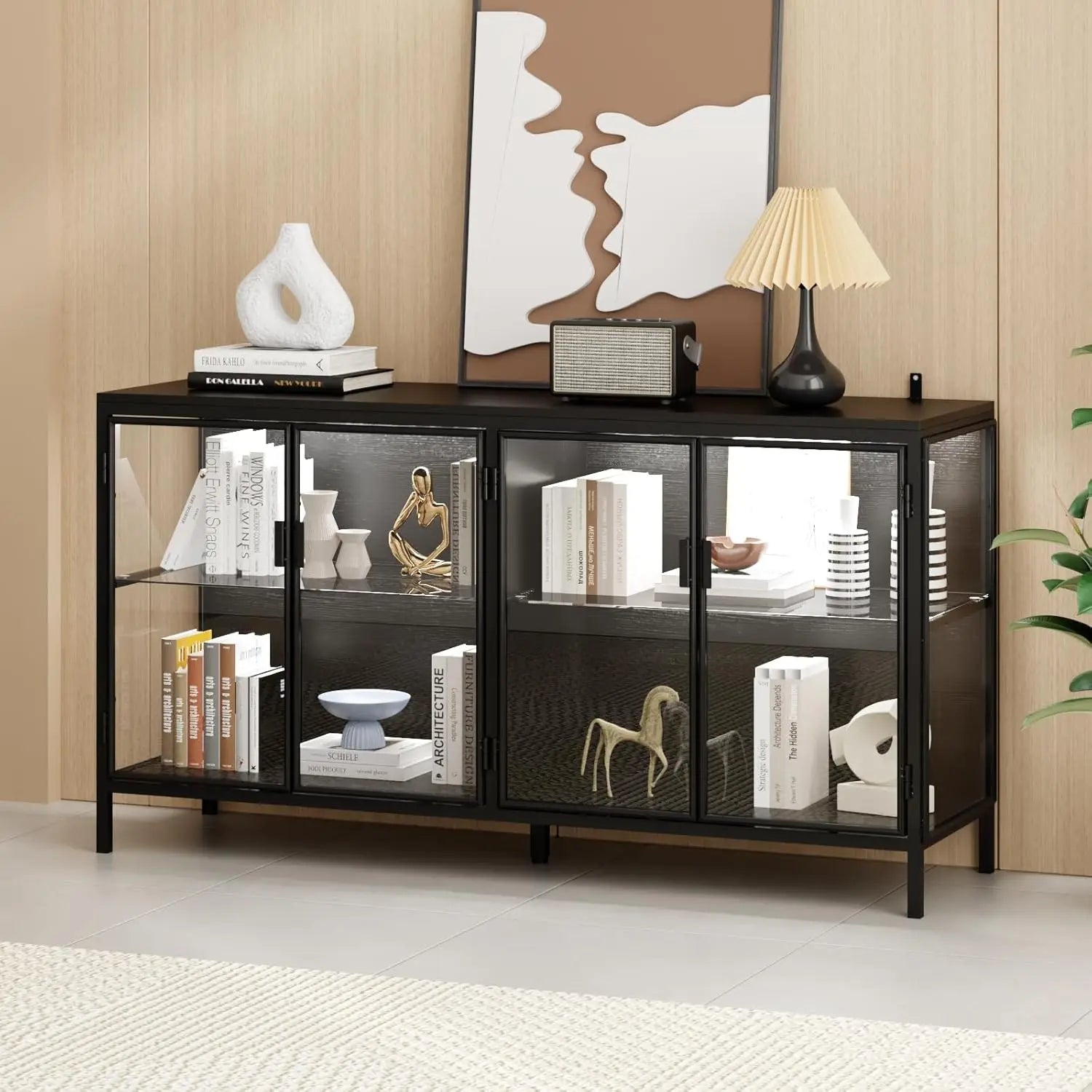 Sideboard Buffet with LED Lights, Glass Doors, Modern Display Cabinet with Glass Shelves, Black Cupboard Credenza