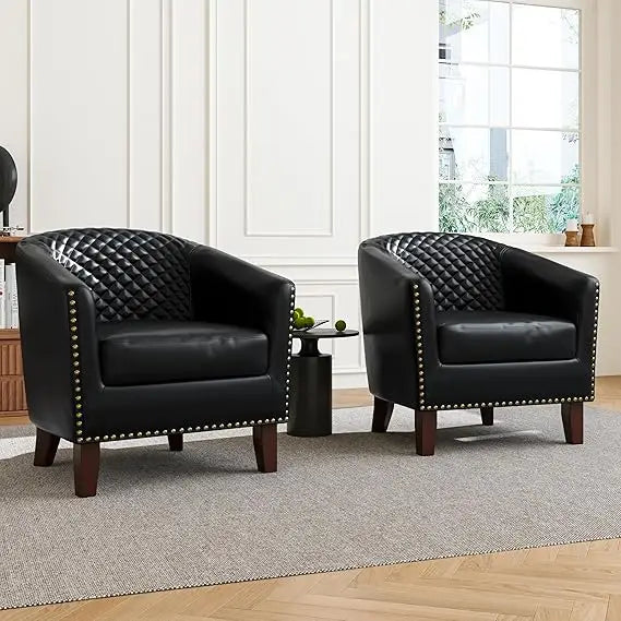 Swivel Barrel Accent Chairs, Comfortable Modern Upholstered Round Faux Leather Armchairs for Living Room and Bedroom, Beige, Set