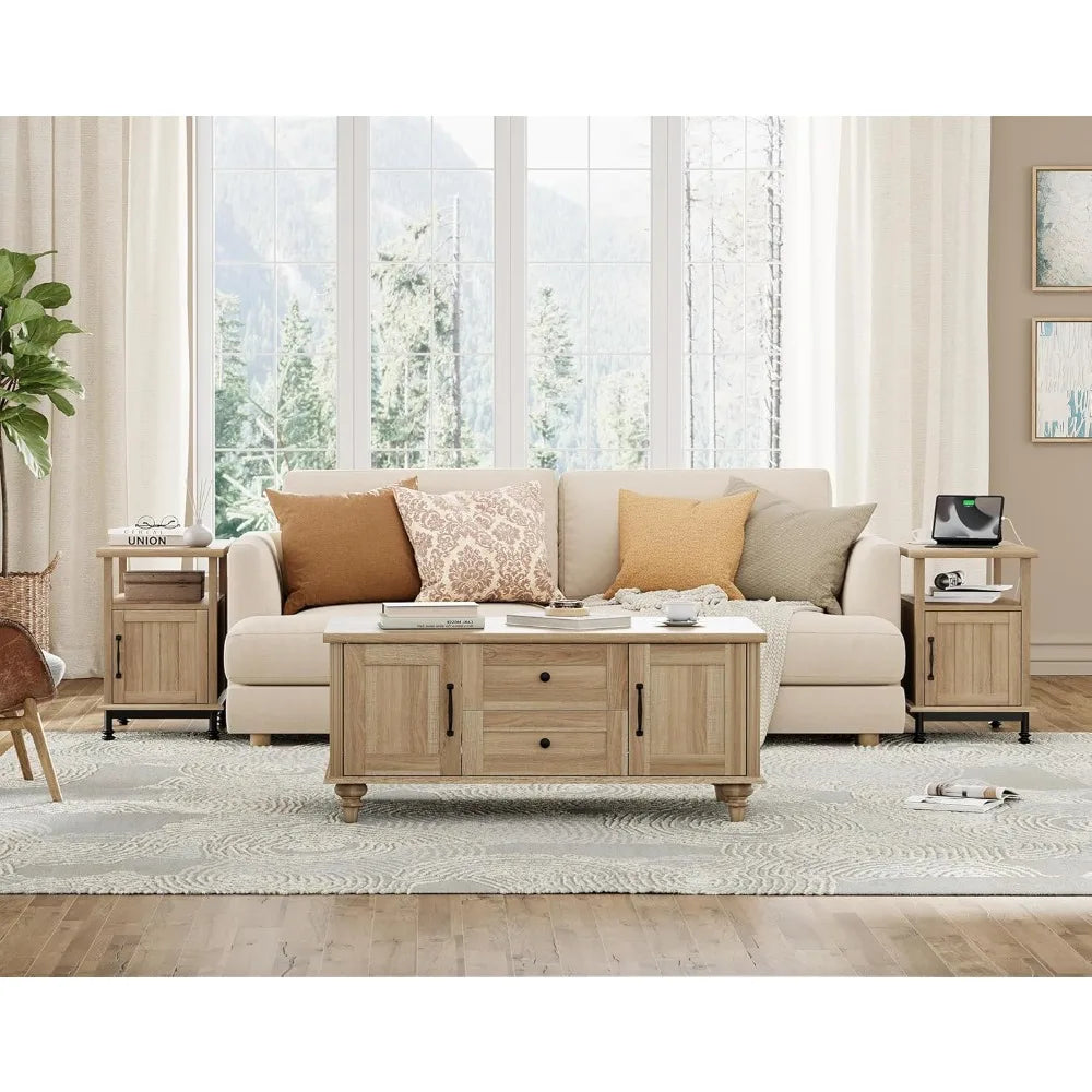 Set of 2 End Tables with Charging Station, Sofa Side Tables with Storage Cabinet for Living Room, Light Wood Bedside Table