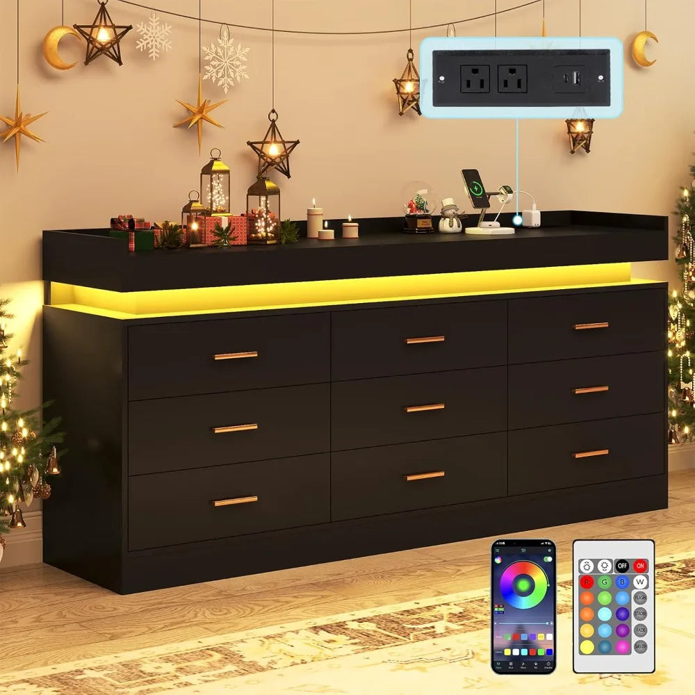 9 Drawer Dresser with Charging Station and LED Lights, Modern Chest of Drawers with Power Outlet, Organizer Cabinet for Bedroom,