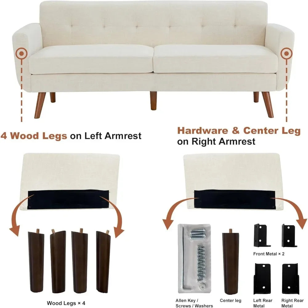 The New-77.2" W Linen Sofa Couch, Mid Century Modern Decor Loveseat Couch For Living Room, Button Tufted Upholstered