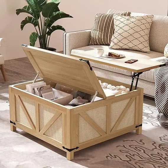 35'' Lift Top Coffee Table, Square Rattan Center Table with Large Hidden Storage, Farmhouse Coffee Tables for Living Room, Home