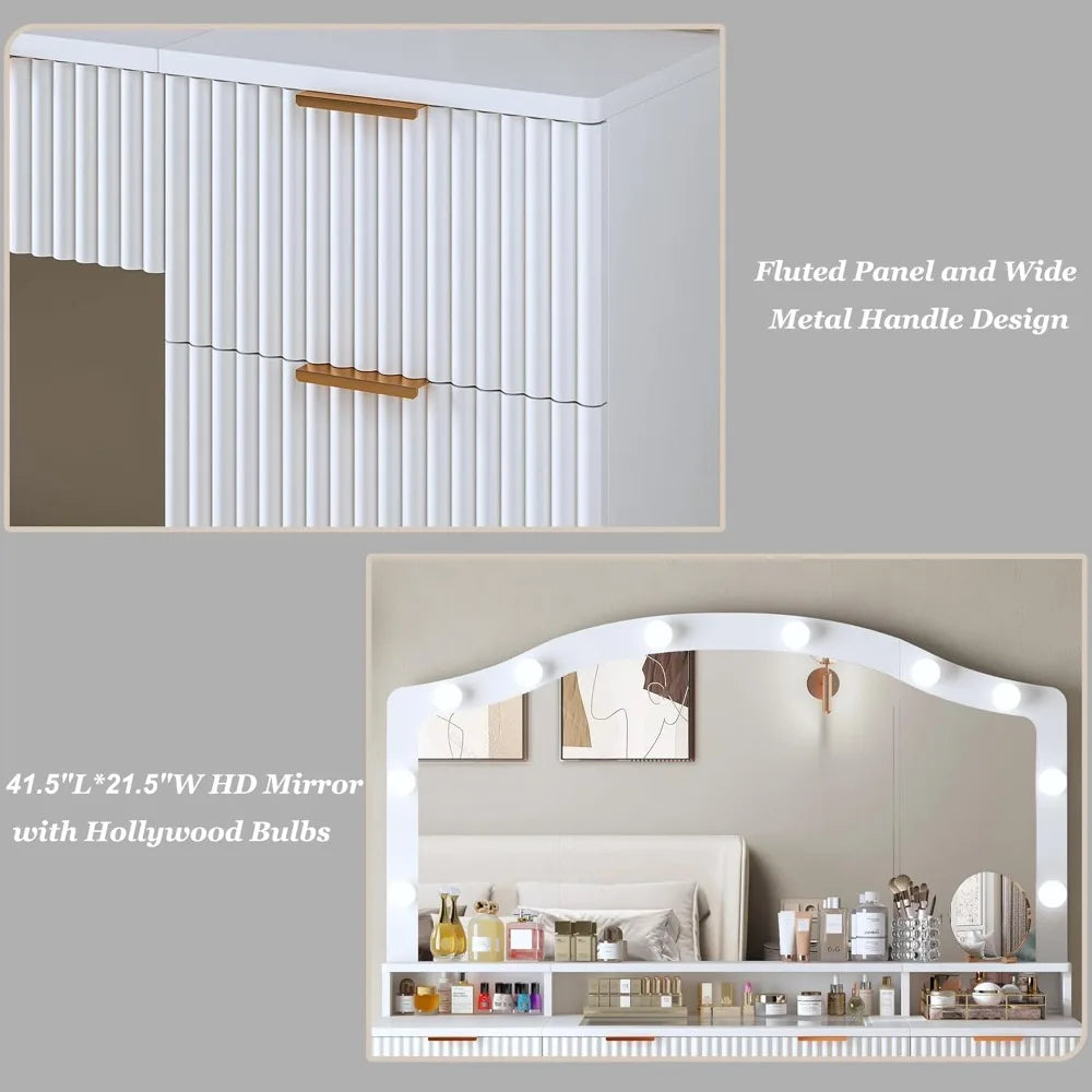 Illuminated Fluted Vanity Desk with Large Mirror, Glass Top, 9 Storage Drawers, and 3-Color Lighting Options