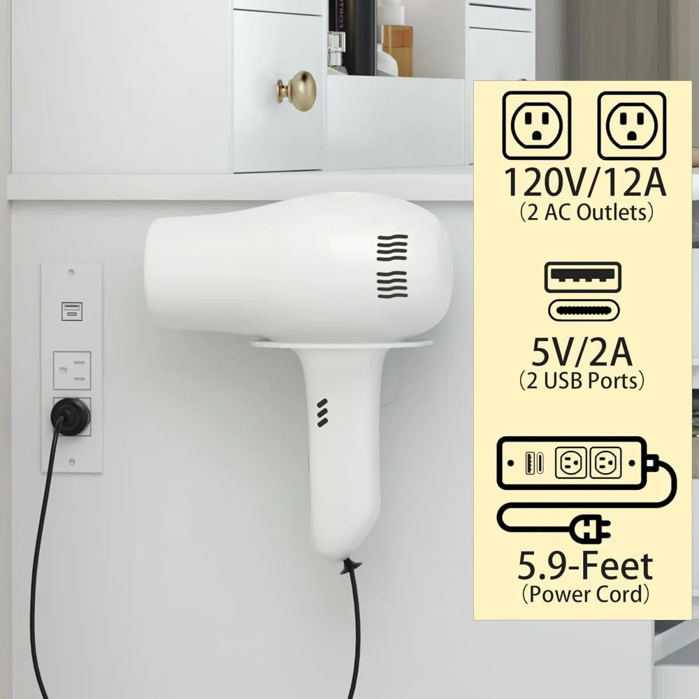 Illuminated Makeup Vanity Desk with White Mirror, Chair, and Charging Station