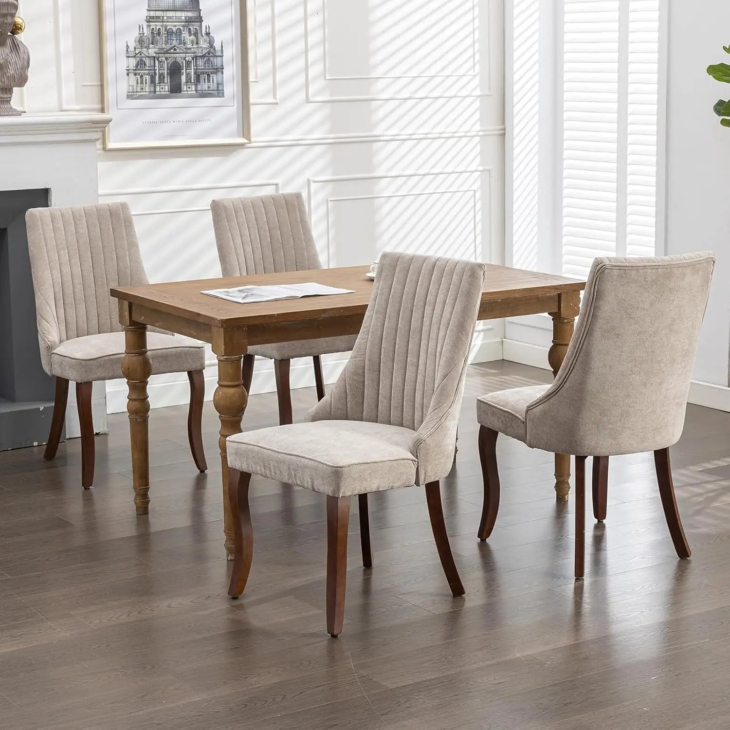 Beige Mid Century Dining Chairs Set of 4, Modern Kitchen & Dining Room Chairs Set of 4, Fabric Upholstered Kitchen Chairs