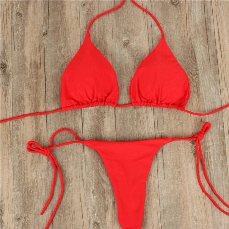 Bikini Sexy Swimsuits Swimwear Swimming Suit for Women Hanging Neck Tie Up Bikini Solid Color Sexy Split Strap Swimsuit Set