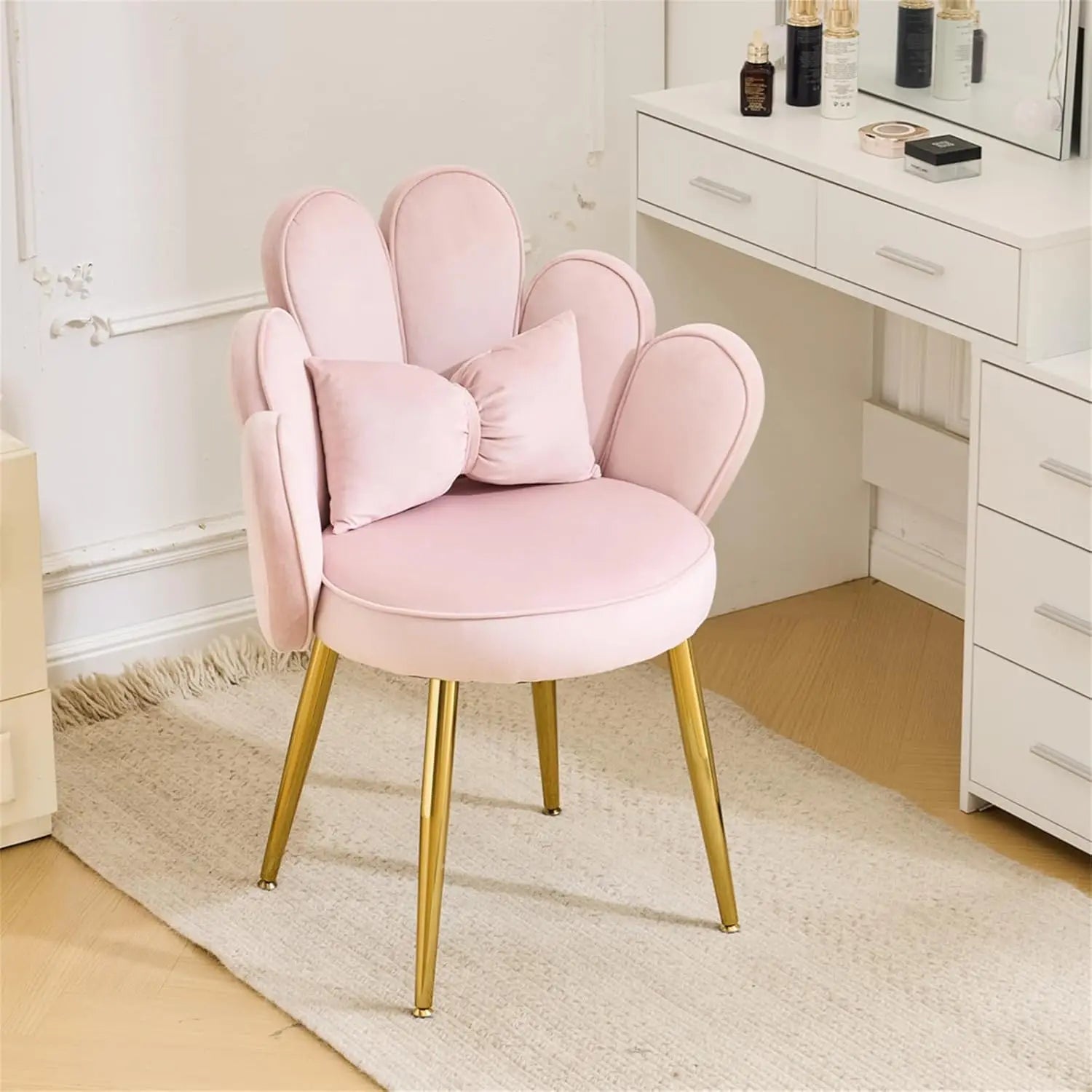 Petal Makeup Vanity Chair -Cute Girls Desk Chair, Modern Dining Chair, Velvet Pink