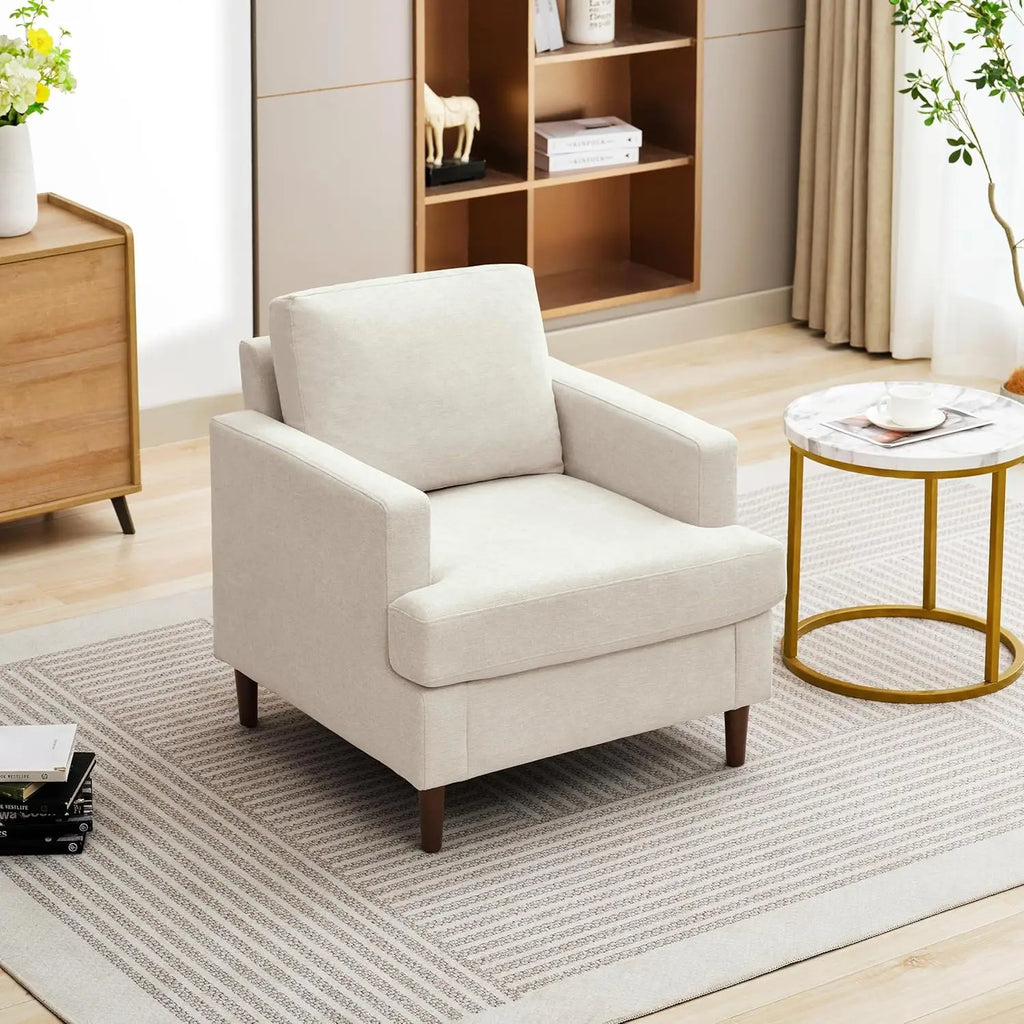 Mid-Century Accent Chair, Modern Linen Fabric Armchair for Living Room, Comfy Upholstered Reading Accent Chair(Beige, 1 Pack)