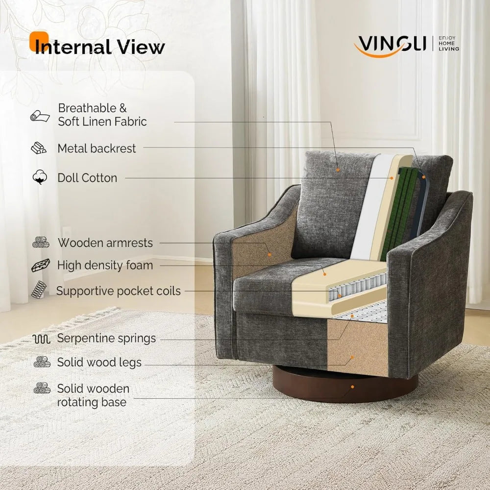 VINGL Mid-Century Modern Swivel Accent Chair, 360° Upholstered Armchair, Home Sofa with Track Arms for Living Room, Bedroom