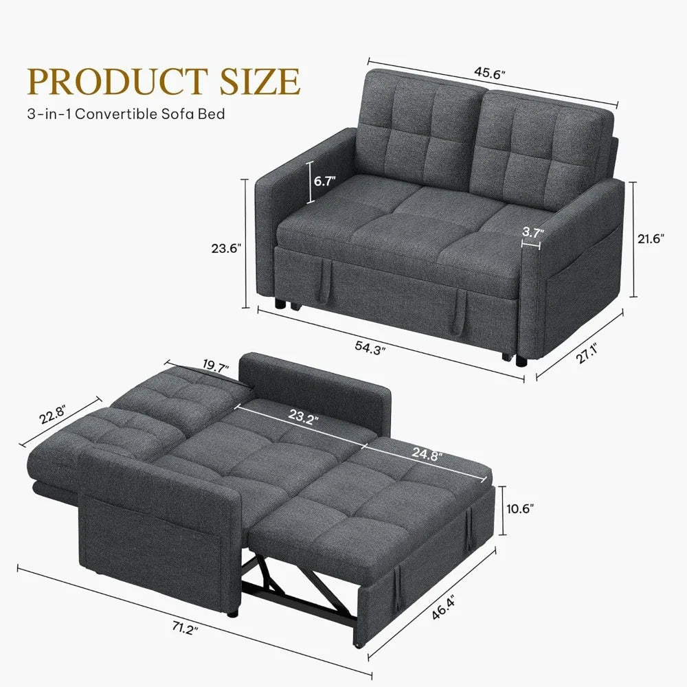 55" Convertible Sofa Bed, 3-in-1 Sleeper Sofa with Pull-Out Bed, Linen Futon Couch with Adjustable Backrest/Side Pocket
