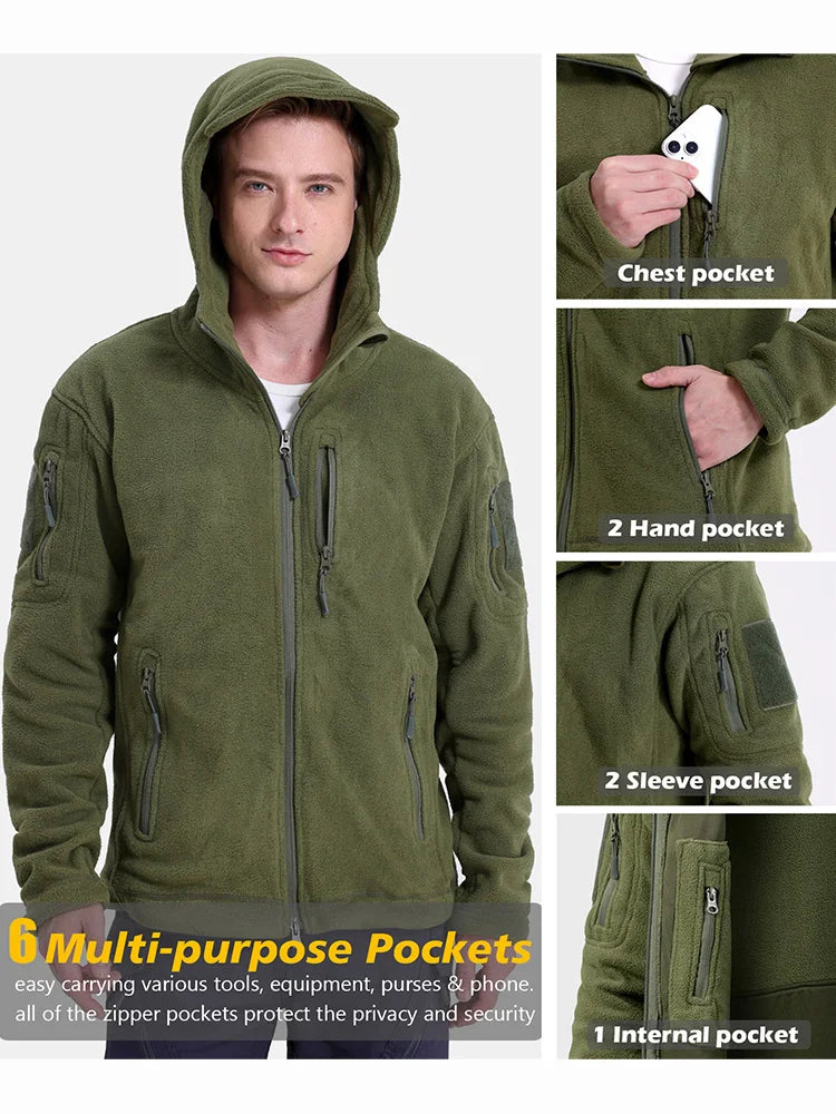 Men's Tactical Fleece Jacket Winter- Warm, Full Zip Military Hoodies/ Multi-Pockets Hiking, Hunting, Outdoor Coats
