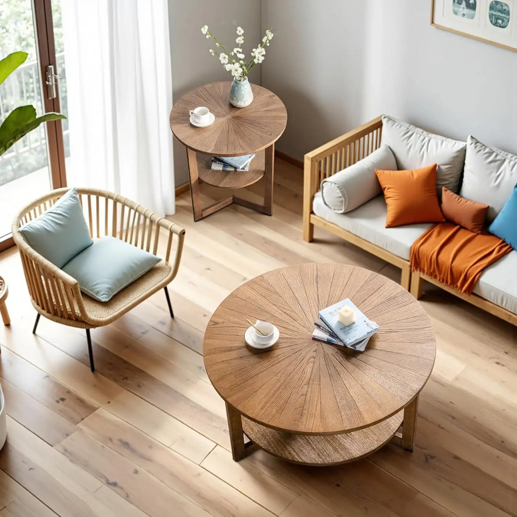Wood Round Coffee Table for Living Room, 2 Tier Circle Coffee Table with Storage, Rustic Natural Coffee Table (35" Dx35 Wx18 H)
