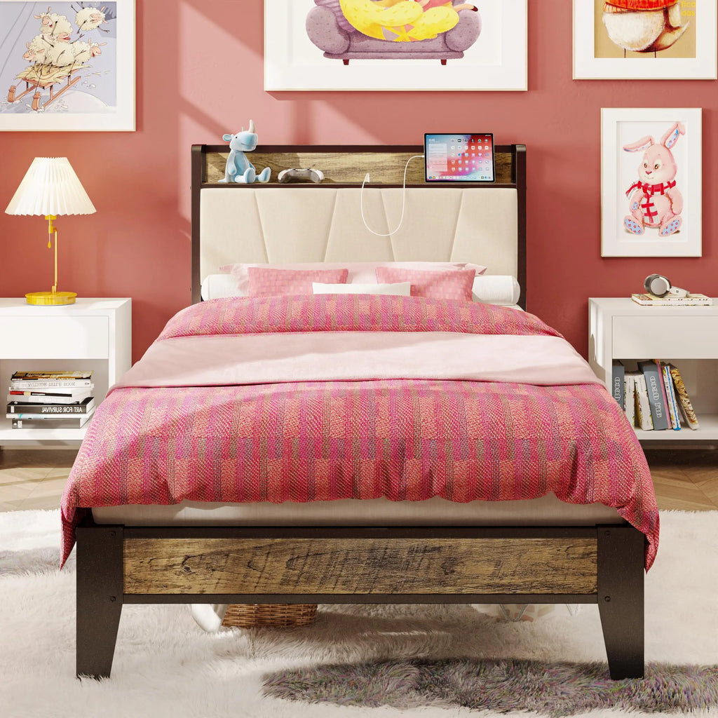 Twin XL/Full/Queen/California King Bed Frames, Storage Headboard with Charging Station, No Box Spring Needed