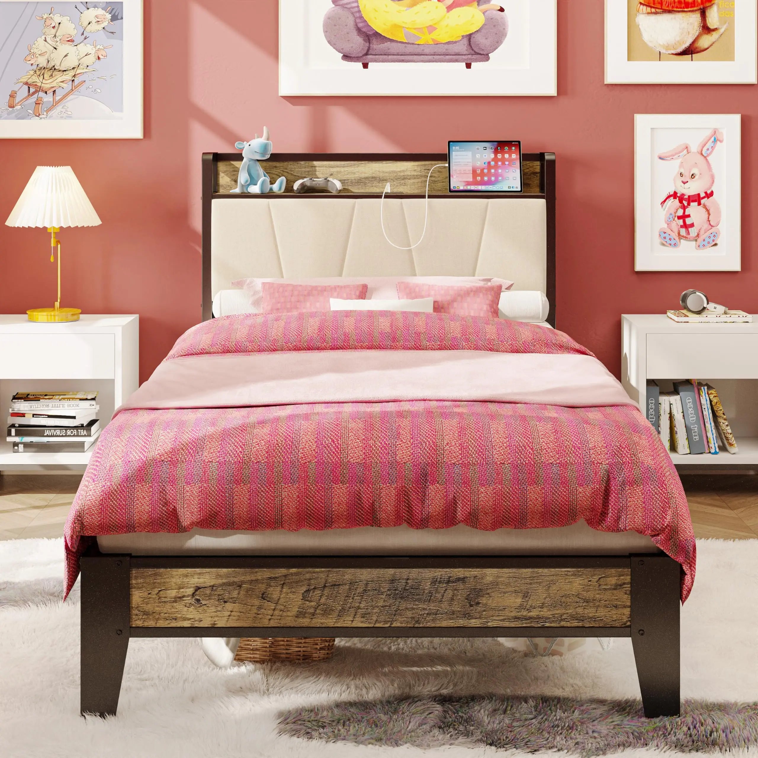 Twin XL/Full/Queen/California King Bed Frames, Storage Headboard with Charging Station, No Box Spring Needed