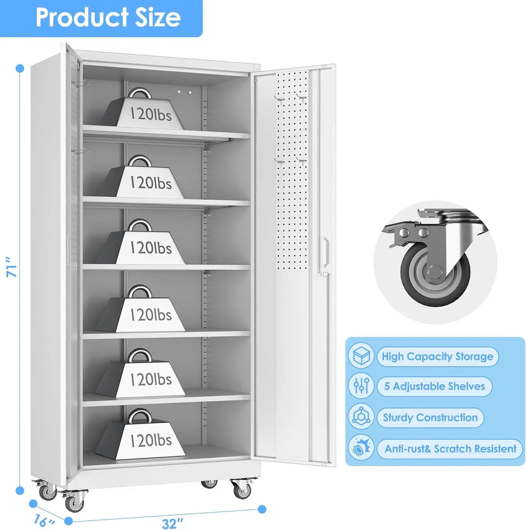 Upgrade 71"H'', 32''W,16''D Metal Garage Storage Cabinet with Wheels and Pegboards, 5 Adjustable Shelves Steel Storage Cabinets