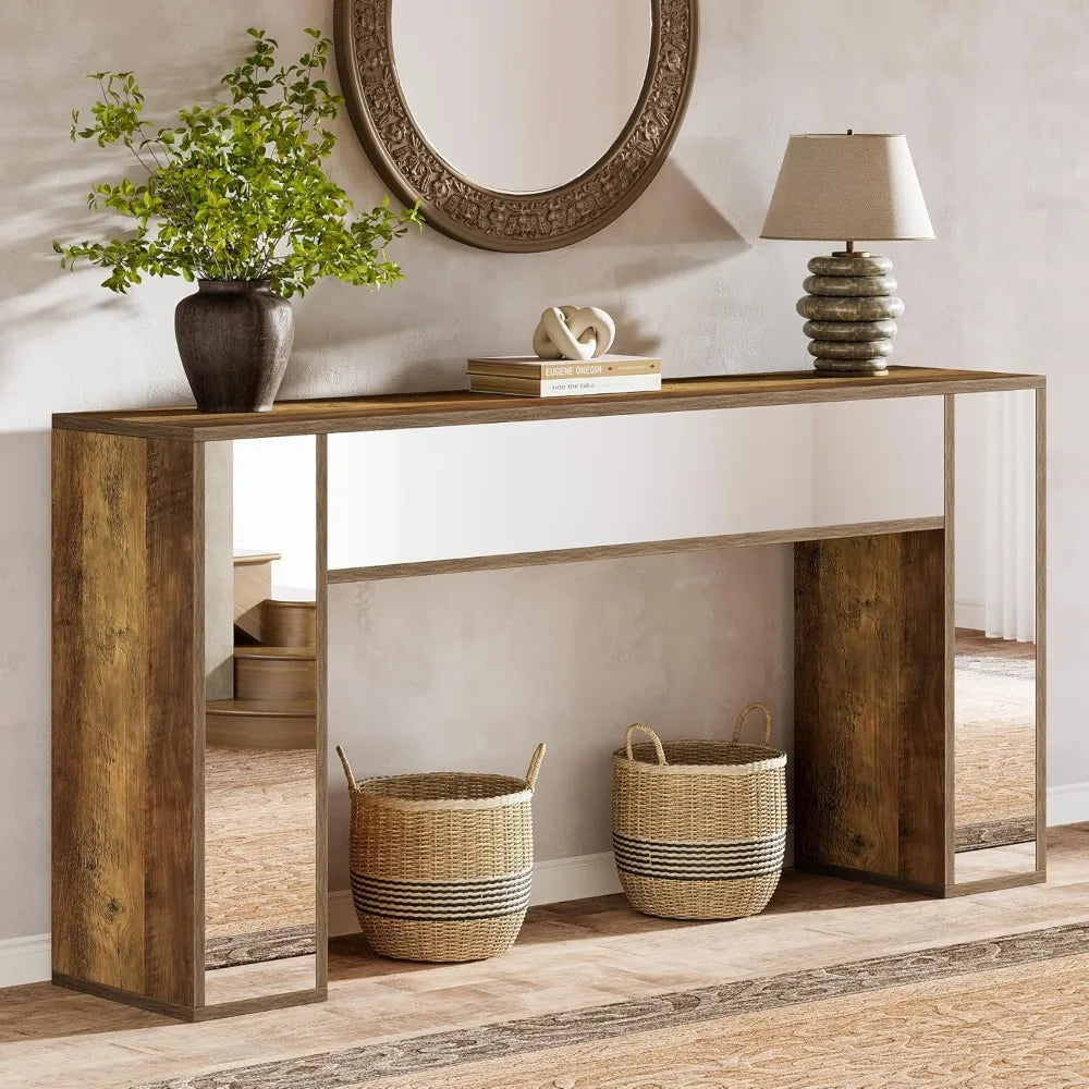 63" Mirrored Console Table for Entryway, Farmhouse Wood Sofa Table Behind Couch In Living Room