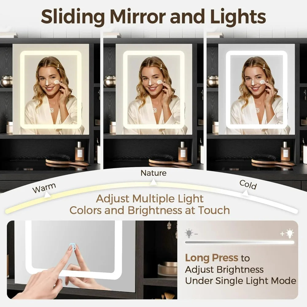 Customizable Rustic-Style Makeup Vanity Desk With Sliding Mirror, Lighting, And Glass Top Charging Station