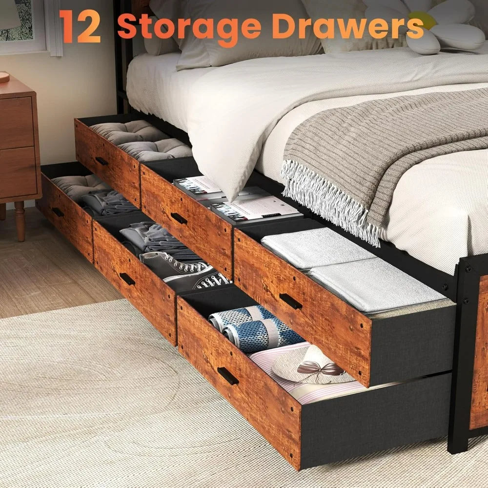 King Size Bed Frame with 12 Storage Drawers, LED Headboard, Charging Station, Metal Construction, No Box Spring Required, Quiet