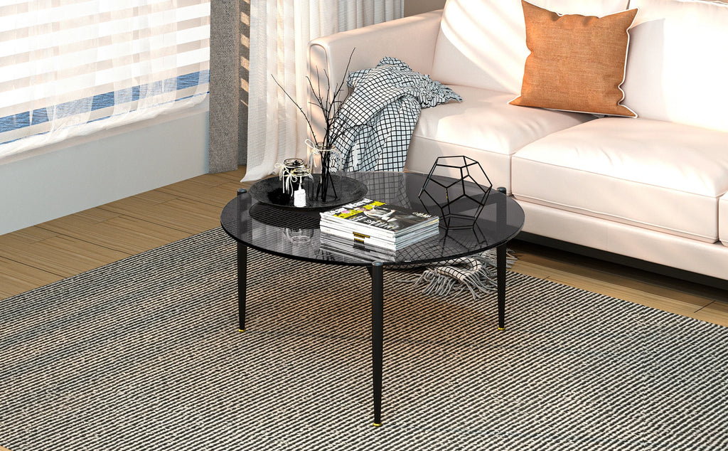 Round Tempered Glass Coffee Table Modern Side Table Decorative Center Table with Metal Legs for Living Room Office
