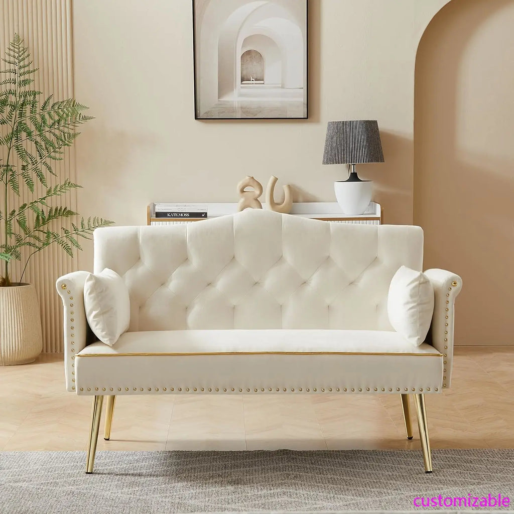 55-Inch Modern Velvet Loveseat Sofa with Gold Metal Legs & Side Pockets, Tufted Backrest, Perfect for Living Room, Bedroom