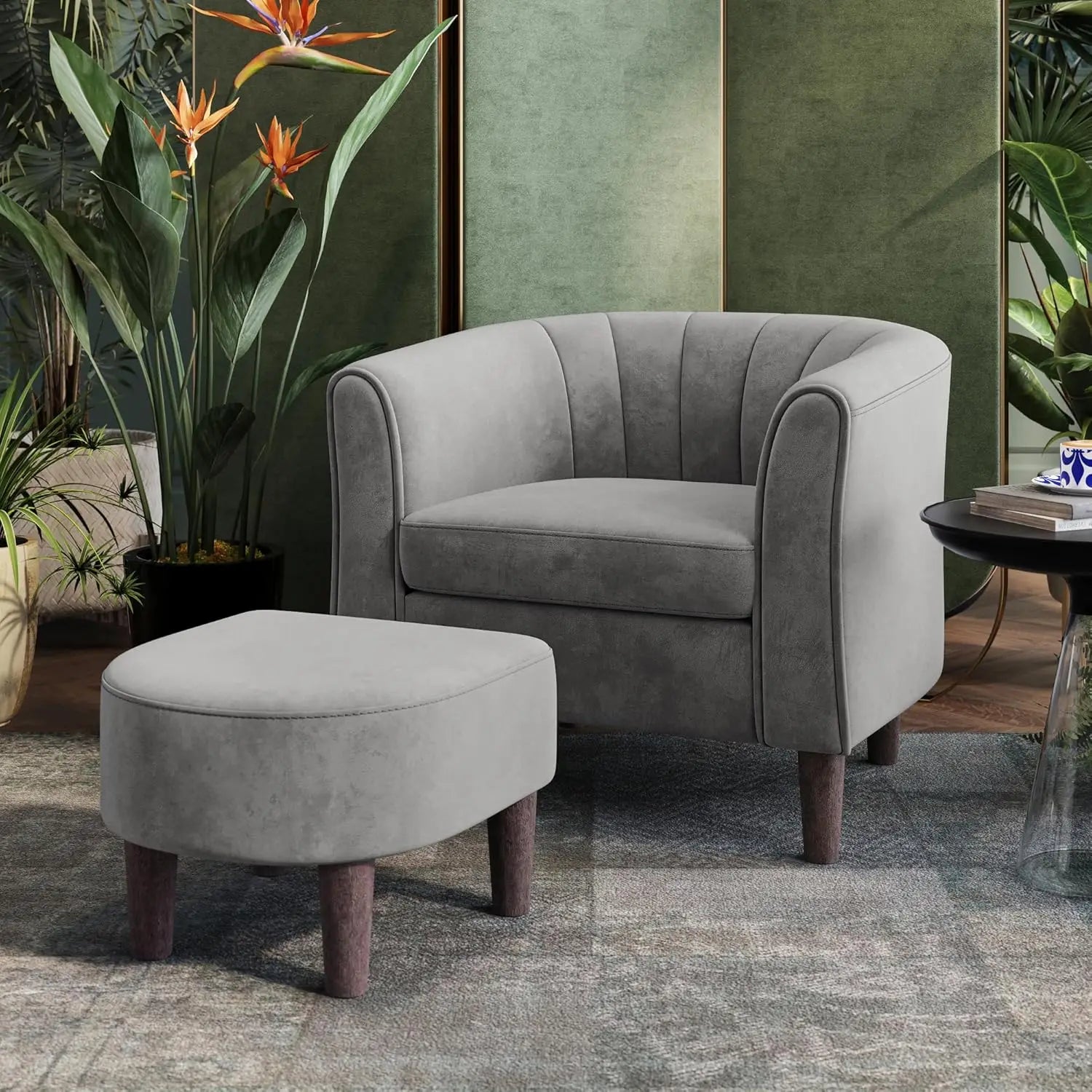 Accent Chair Ottoman Set: Chenille Barrel Chair with Foot Rest, Mid-Century Modern Small Reading Chair/ Upholstered Armchair