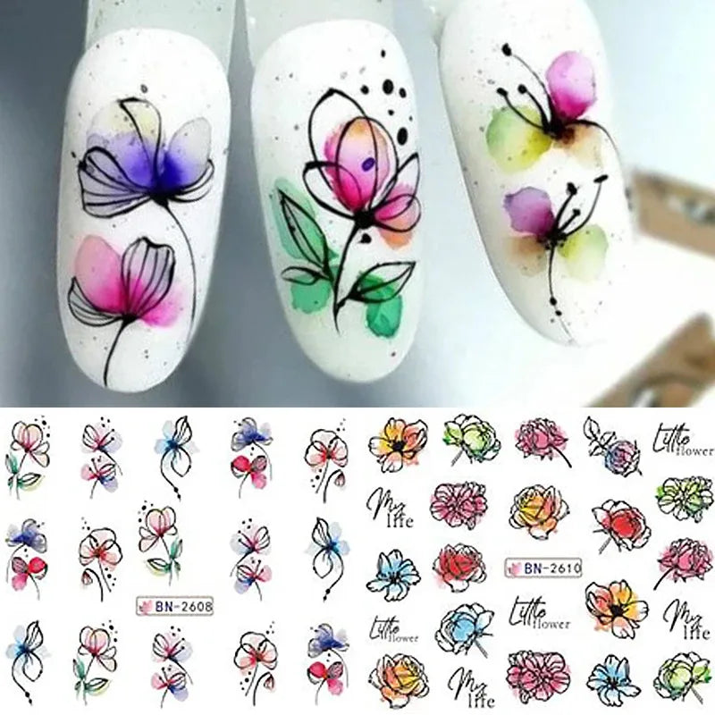 12 Pcs Summer Ink Blooming Flowers Nail Art Stickers, Water Decal Leaves /Graffiti Slider Nail Decoration