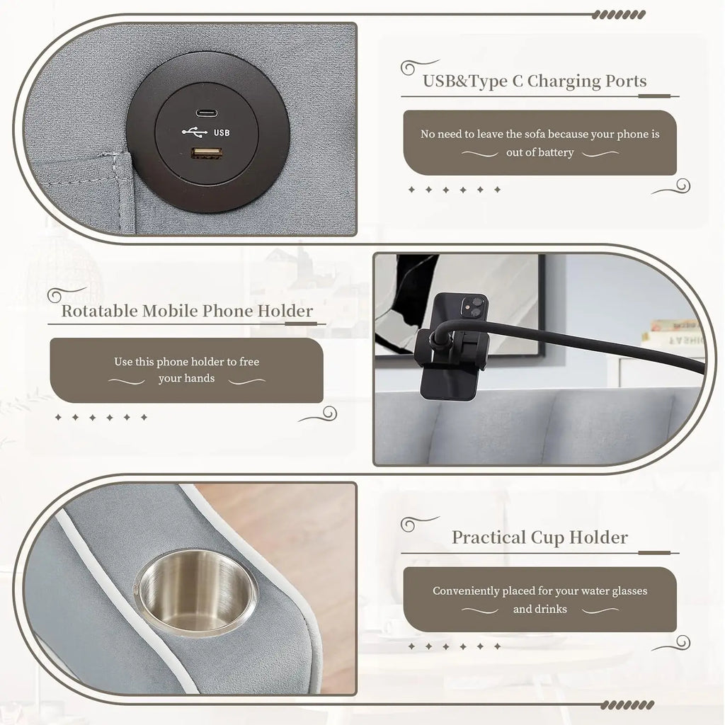 1 Velvet Single Small Futon Sofa Bed with Phone Holder & USB Ports, Pull Out Couch Recliner with Adjustable Backrest Room