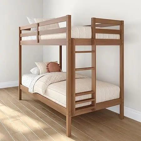 Durable Twin-Over-Twin Kids Bunk Bed with Plywood Construction, Ladder, Guardrail, and Slatted Support
