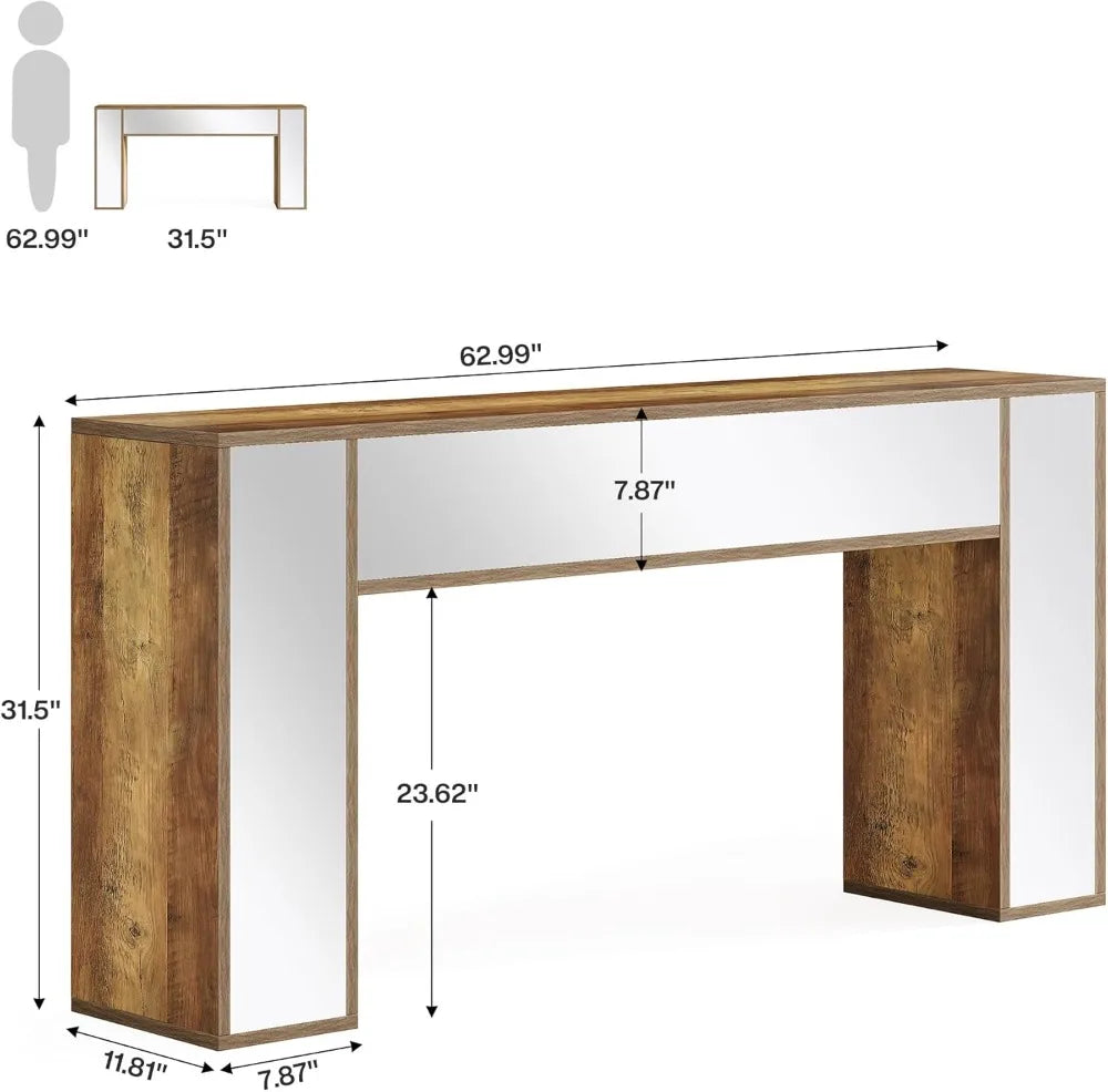 63" Mirrored Console Table for Entryway, Farmhouse Wood Sofa Table Behind Couch In Living Room