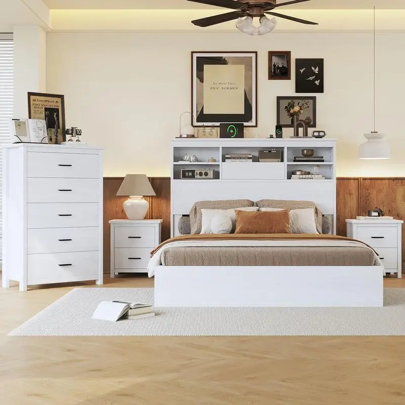 Vintage Queen Bedroom Set, 4 Pieces - Wooden Bed Frame, 2 Nightstands & 1 Dresser in White Finish